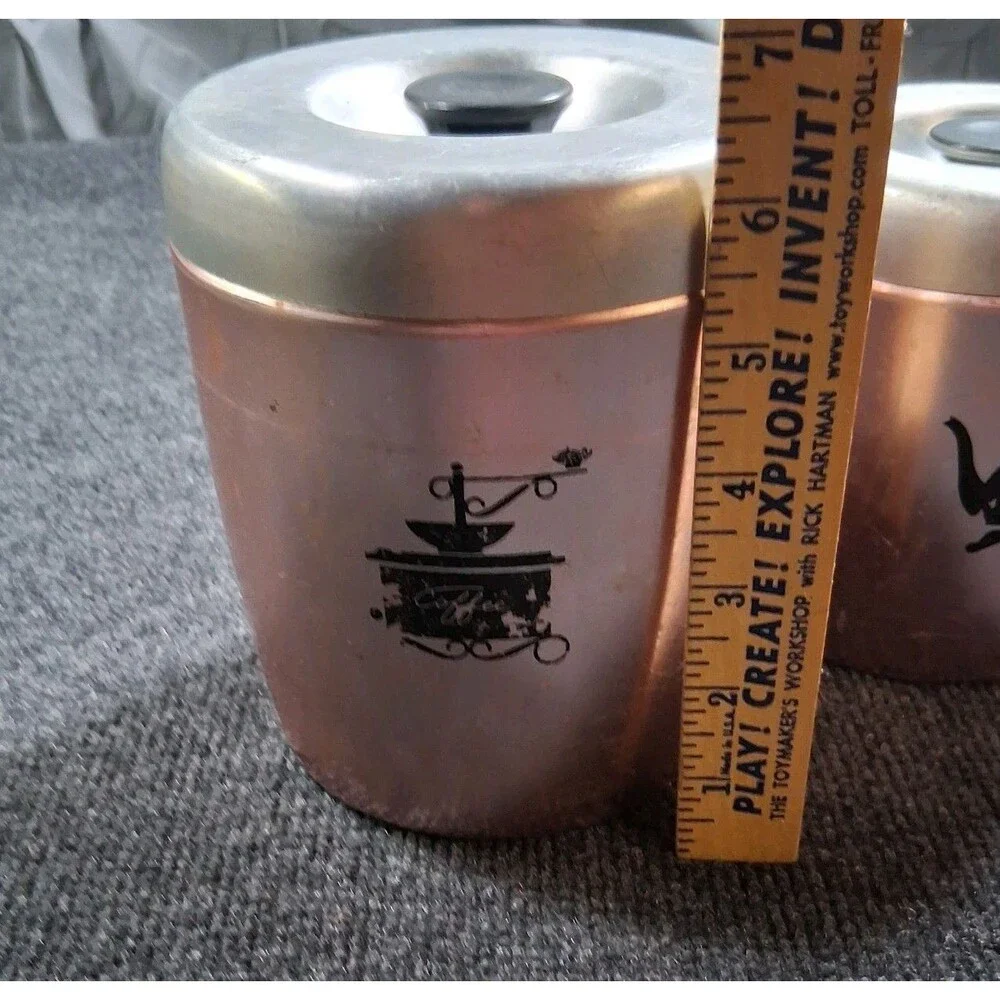 Vintage West Bend Copper Rose Gold Tea Coffee Kitchen Canisters w Silver Lid